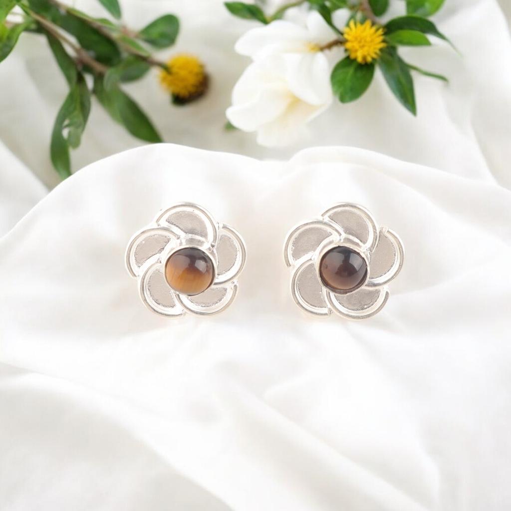 Rare Yellow Tiger Eye Gemstone 925 Sterling Silver Fine Jewelry Stud Earring0.5" EE-157-30