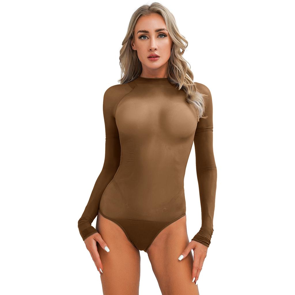 Damen-Bodysuit mit glänzenden Ärmeln, Rundhalsausschnitt und hohem Schnitt, für Tanzaufführungen