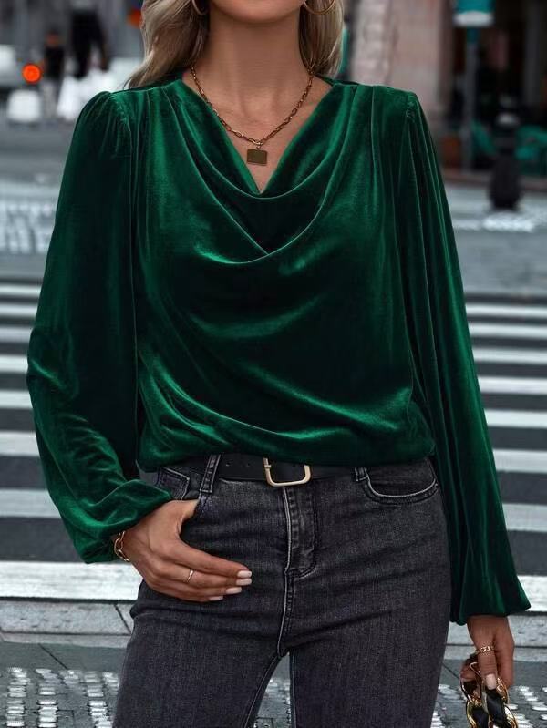

New women s clothing in autumn and winter, new solid color golden velvet, stacked collar bubble sleeves, long-sleeved tops for women XXL зелений