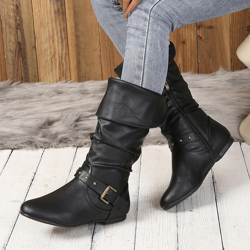 

Женские сапоги на плоской подошве, модная обувь 2025 года, тренд зимы, новые плиссированные кожаные ботинки челси на молнии, повседневные прогулочные женские ботинки 43 чёрный