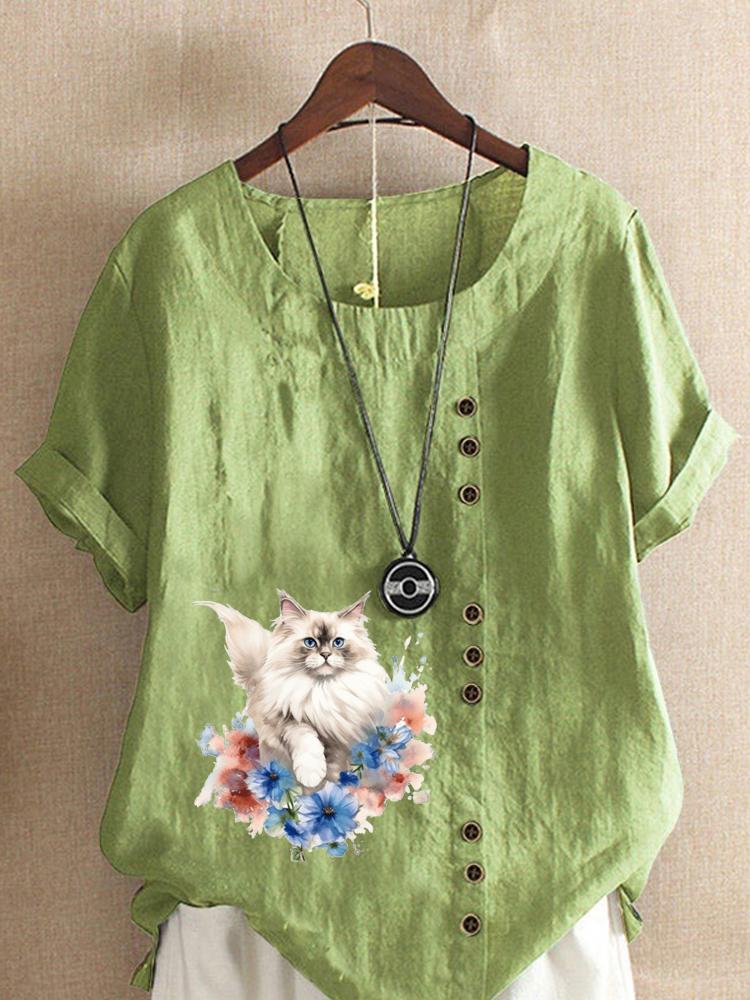 

Women s Fashion Cute Cat Print Round Neck Short Sleeve T-shirt Summer Casual Cotton Linen Graphic Shirt Leisure Loose Blouse Tops 5XL зелений