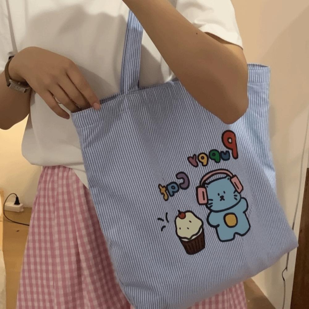 Cute Canvas Cat Paintings Handbags Large Capacity Casual Cartoon Canvas Bag Lightweight Shoulder Bag Students Casual