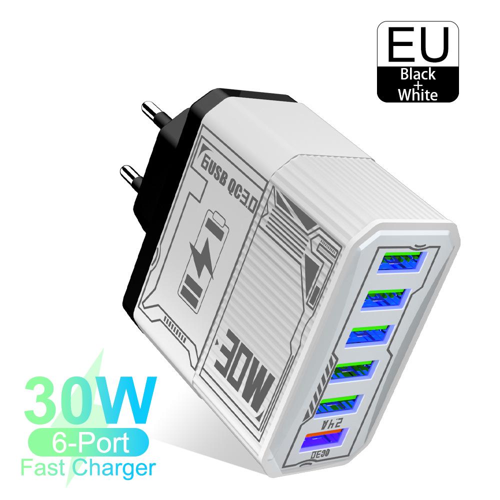 30W 6-Port USB QC3.0 Fast Charger Adapter - EU, US, UK, AU Plug