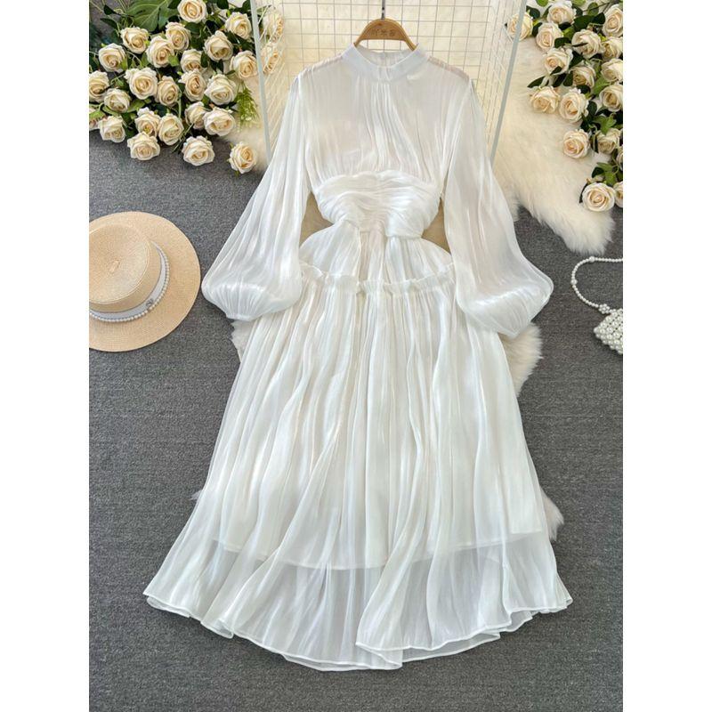 Ruched K-style Lantern Stand-up Collar Cinched Dress Sequin