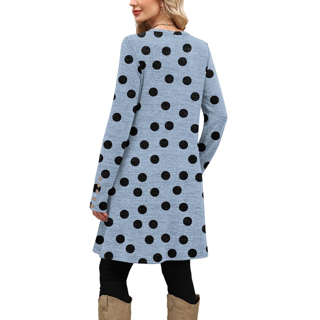 Women's Fashion Casual Dress With Pockets, Decorative Buttons, Polka Dot Prints, Round Neck And Long Sleeves