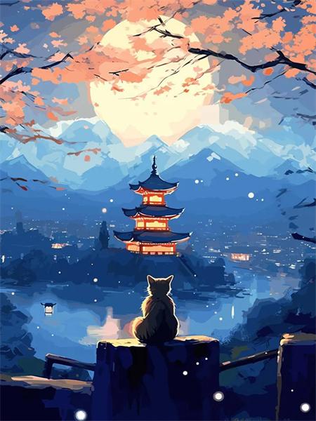 5D Diamant Malerei Neuheiten Katze Tempel Voll Platz Runde Stickerei Mosaik Sonnenuntergang Landschaft Home Decor