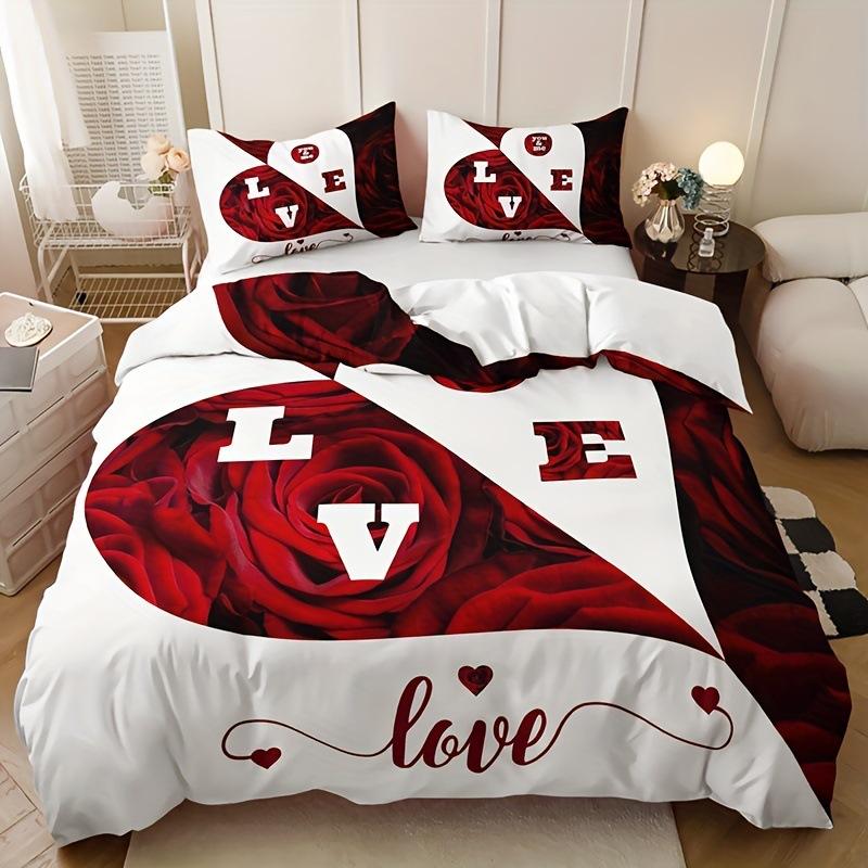 Red Rose Duvet Cover Set King Size, Red And White Comforter Cover Sets With Zipper Closure, Romantic Hearts Lover Bedding Set