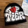 Casual Hip Hop Style Cap Bold Black Lettering with Red Heart Graphic Custom Logo Elastic Knitted Unisex Jacquard Beanie