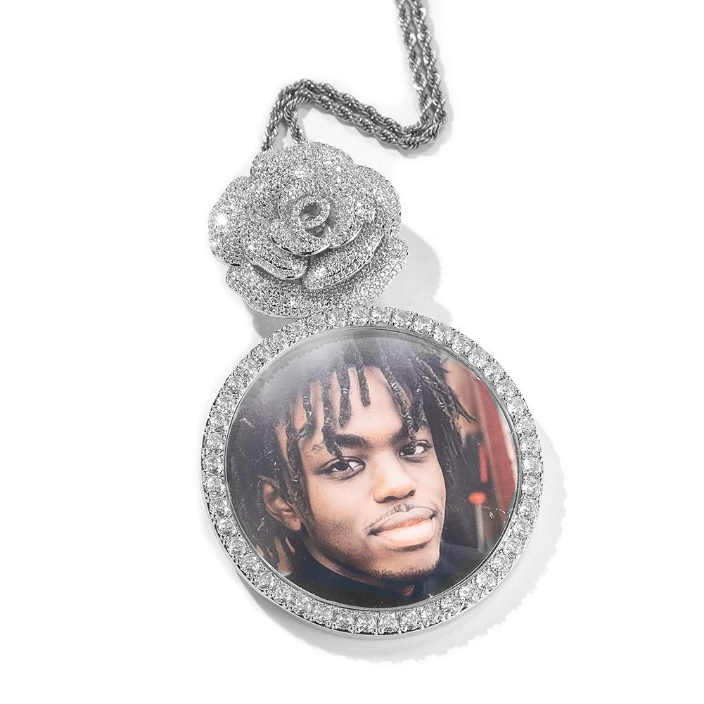 Hip Hop Náhrdelník Růžové Tlačítko Hlava Nadrozměrný Kulatý Foto Přívěsek Personalizované Nosit Doplňky Doplňky