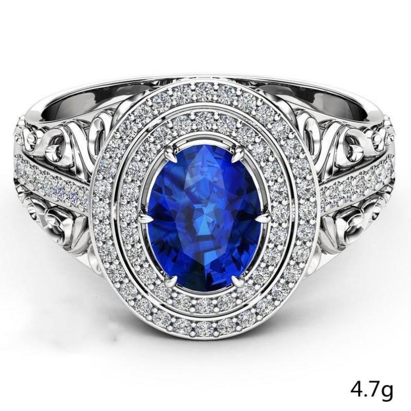 E-Commerce Copper Set Diamond Zircon Royal Blue Heart Ring Oval Flower Type Engagement Women'S Jewelry