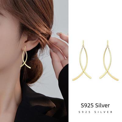 Banyan Tree S925 Silver Cross Long Earrings: Stylish and Trendy Design for Women