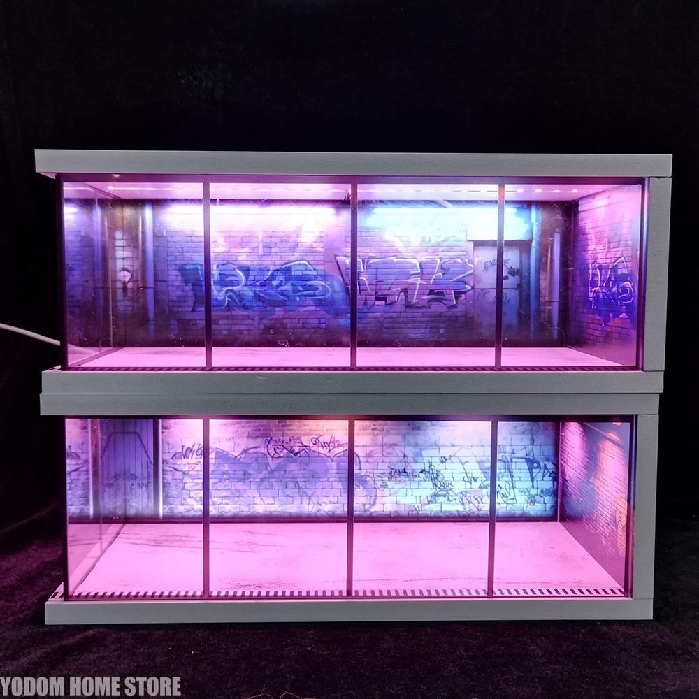 Maßstab 1/64 Auto Garage Diorama USB LED Licht Realistisches Parkplatz Vitrine für Modellautos Miniaturfahrzeuge Dekorationen