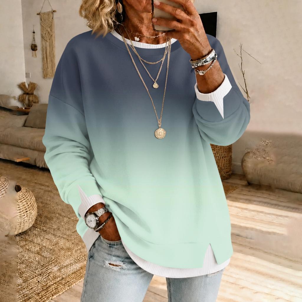 Women's Casual Two-Piece Gradient Print Long Sleeve Neck Pullover Top