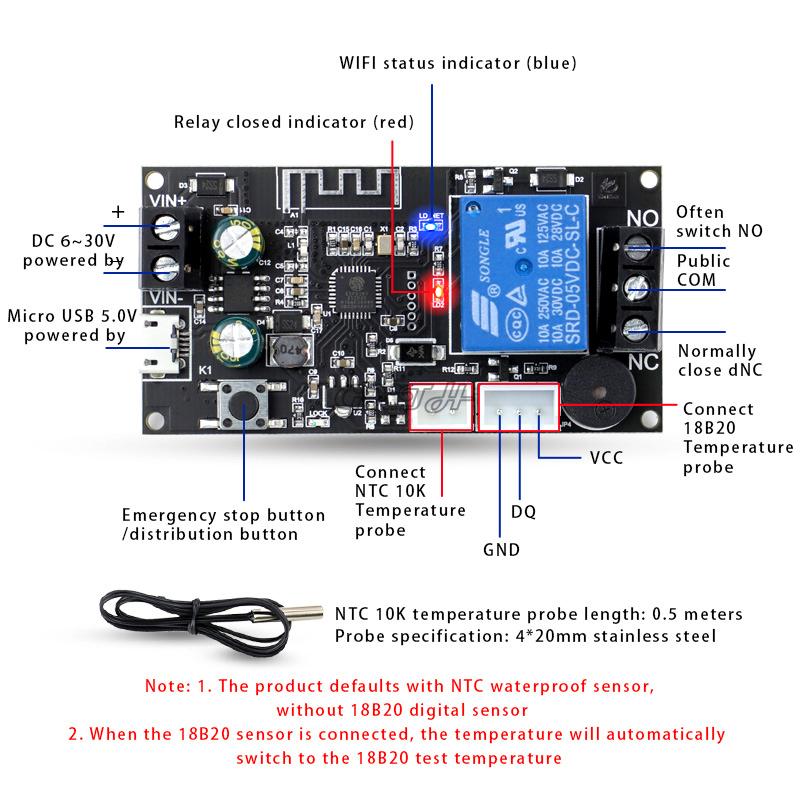 WIFI Remote Thermostat High Precision Temperature Controller Module Cooling Heating APP Temperature Collection Temperature Alarm