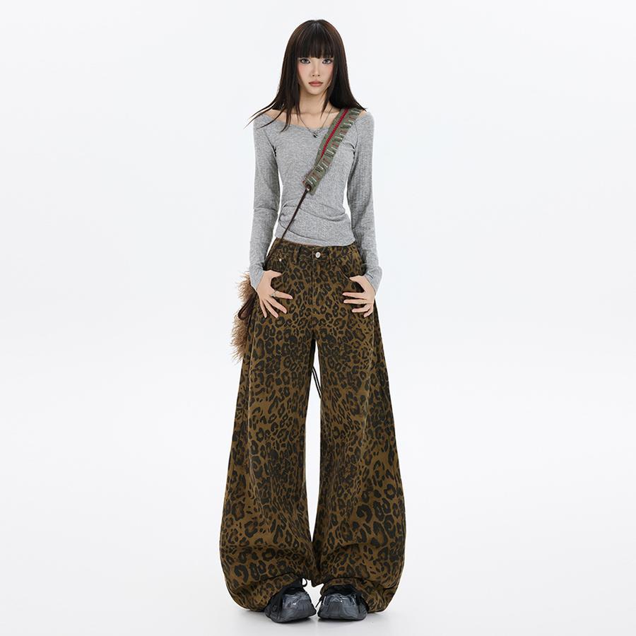 American Streetwear Retro Leopard Casual Pants Women Autumn Winter Fashion Design Versatile Slim Fit Wide Leg Long Pants