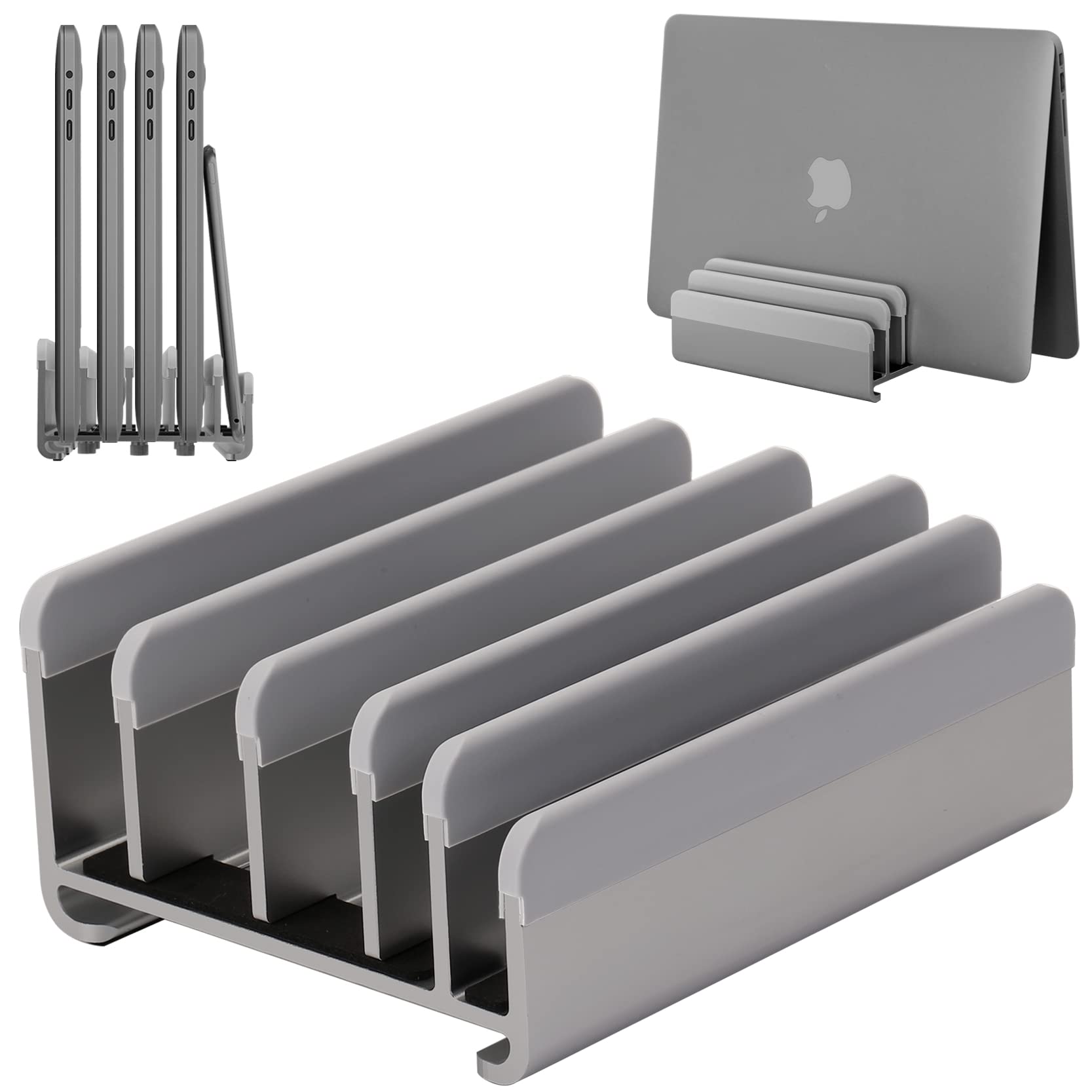 

Подставка для ноутбука, которая может вместить до 5 устройств в вертикальном положении. Ширина свободно регулируется, а алюминиевый материал совместим с различными марками. серый