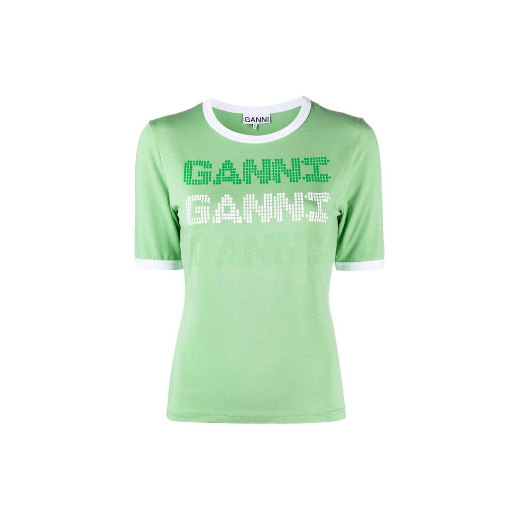 Ganni Ss23 Letter Print Round Neck Short Sleeve T-Shirt Women tops Green T3352-484