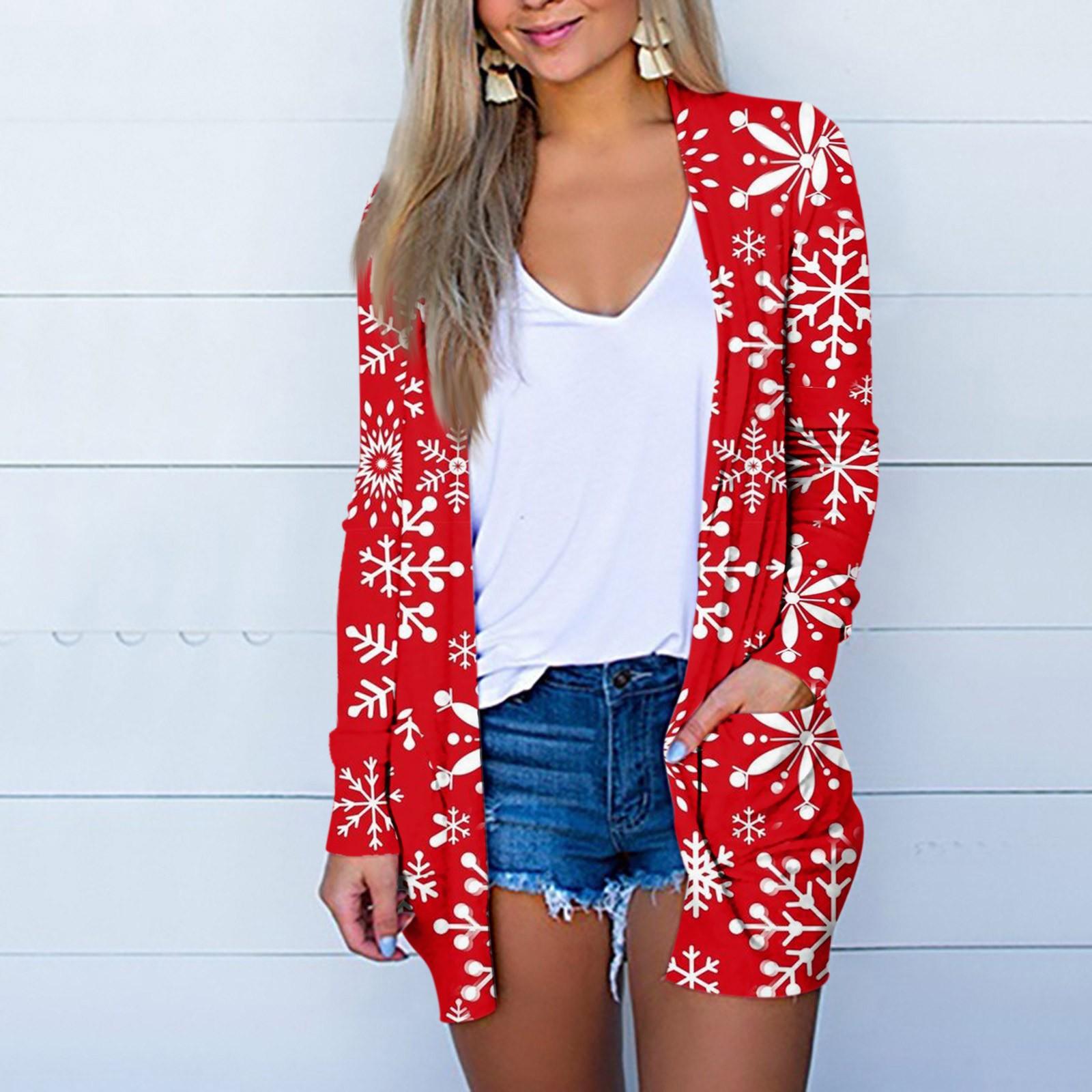 

Жіночий Модний Повсякденний Кардиган Куртка Пальто Середньої Довжини з Різдвяним Принтом XXL червоний
