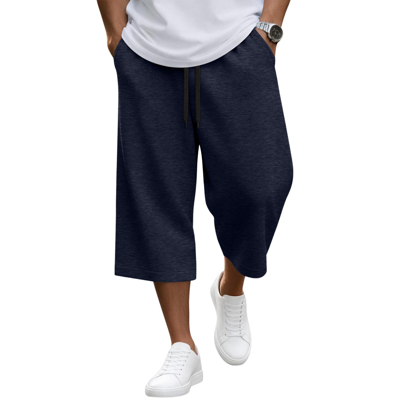 Hibaby1 Heren Casual Losse Kniebroek met Trekkoord Taille Lichtgewicht Ademend Stof Ontspannen Stijl voor Dagelijks Gebruik M Vloot