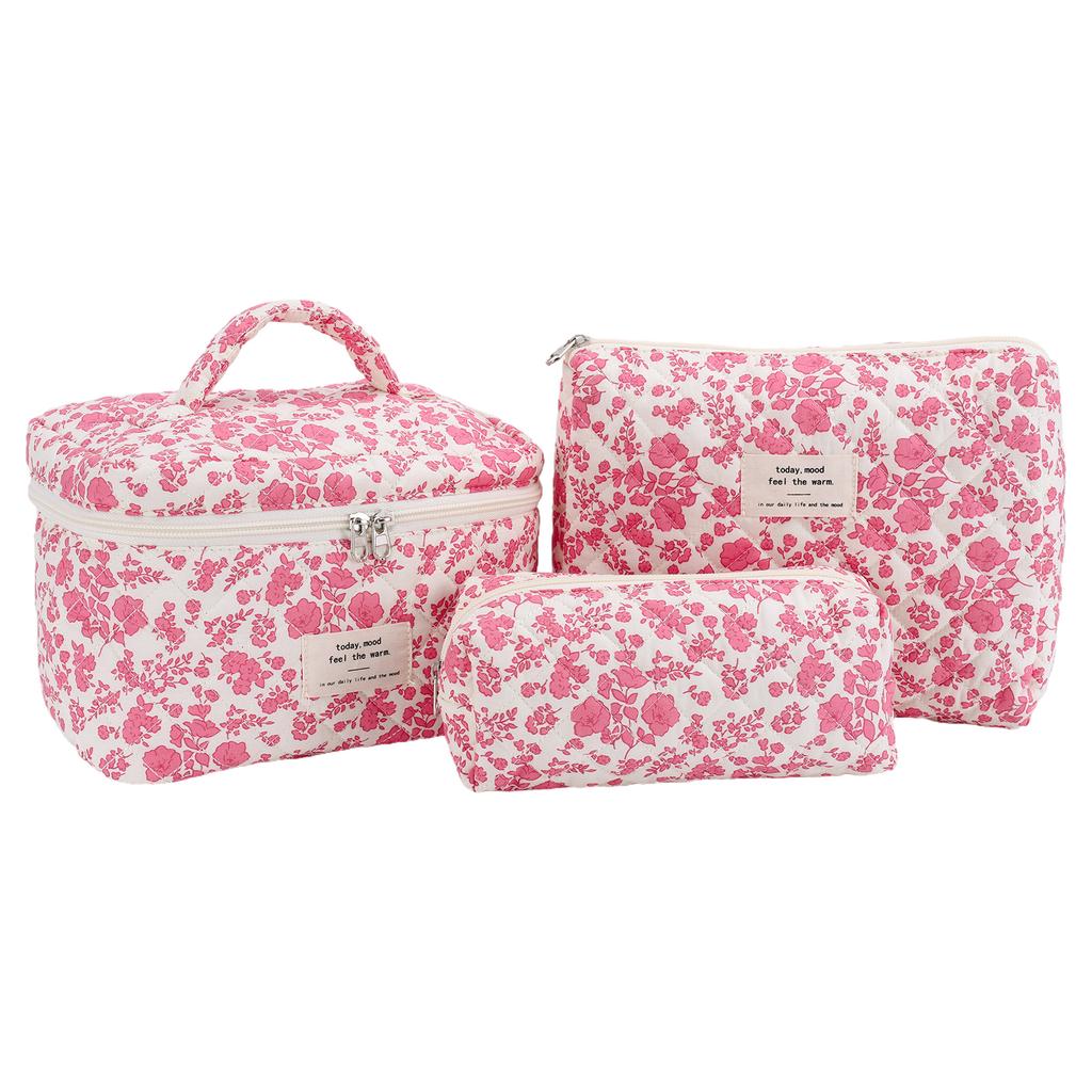 3Pcs Quilting Storage Bag Floral Printed Adorable Padding Skincare Pouch Aesthetic Toiletry Purse Bathroom Shower Travel Bag