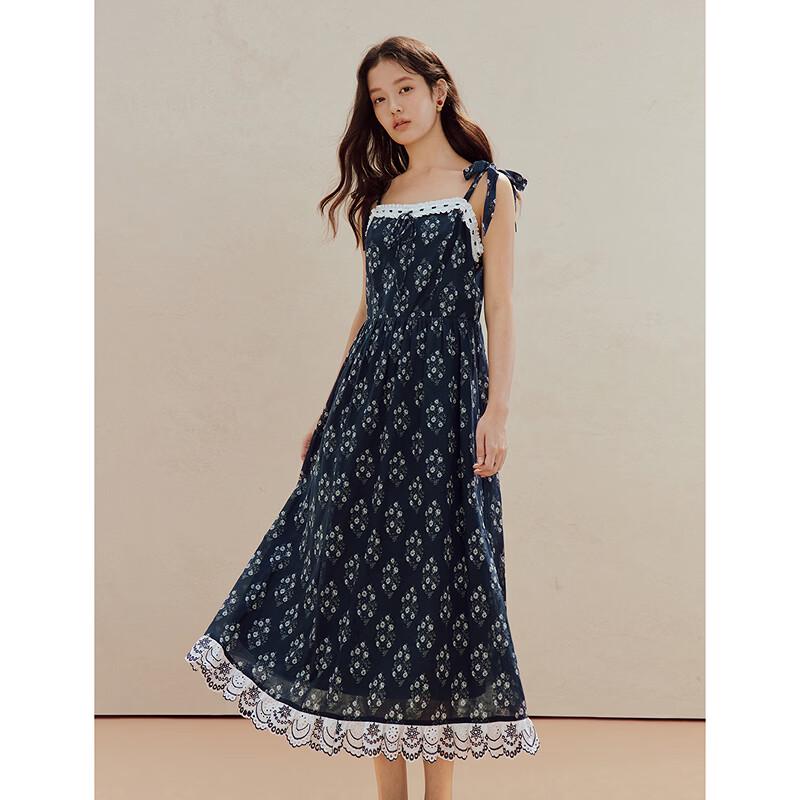 INMAN 100% Cotton French Floral Spaghetti Strap Midi Dress