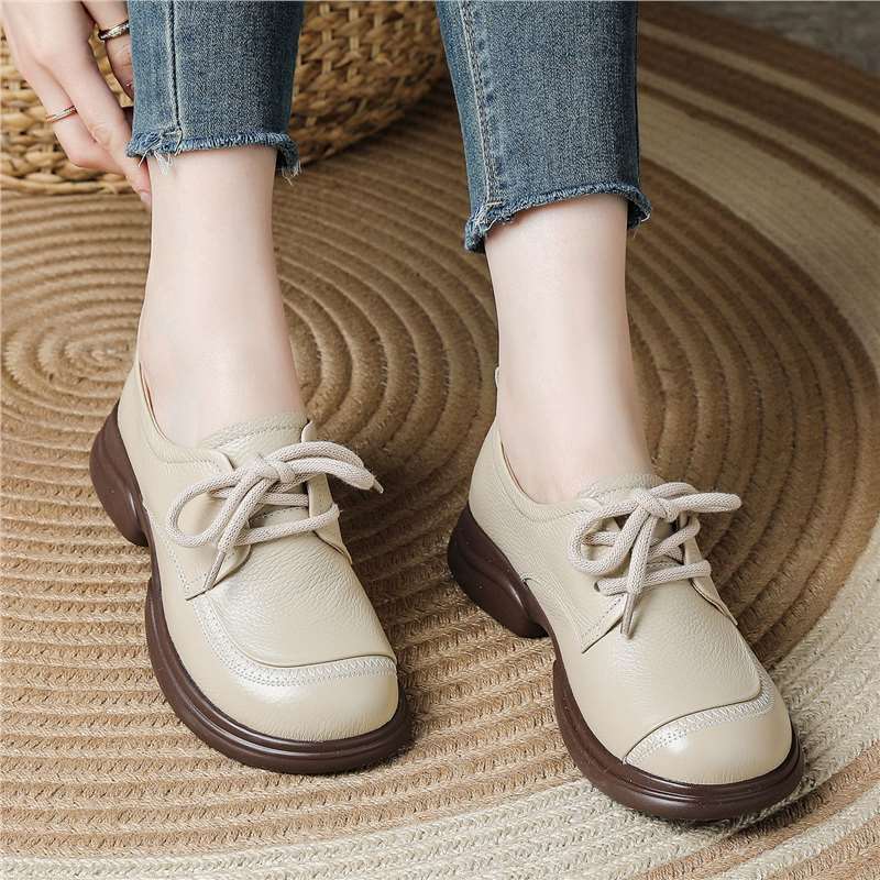 All cowhide spring and autumn new single shoes retro leather shoes wide head shoes women's round head platform mother shoes