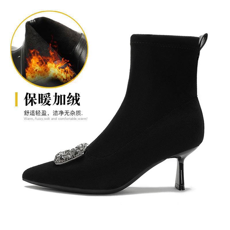 Pointed Thin Heel Short Boots Autumn and Winter New Fashion Rhinestone Buckle Sleeve High Heel Thin Boots Medium Tube Women's Boots