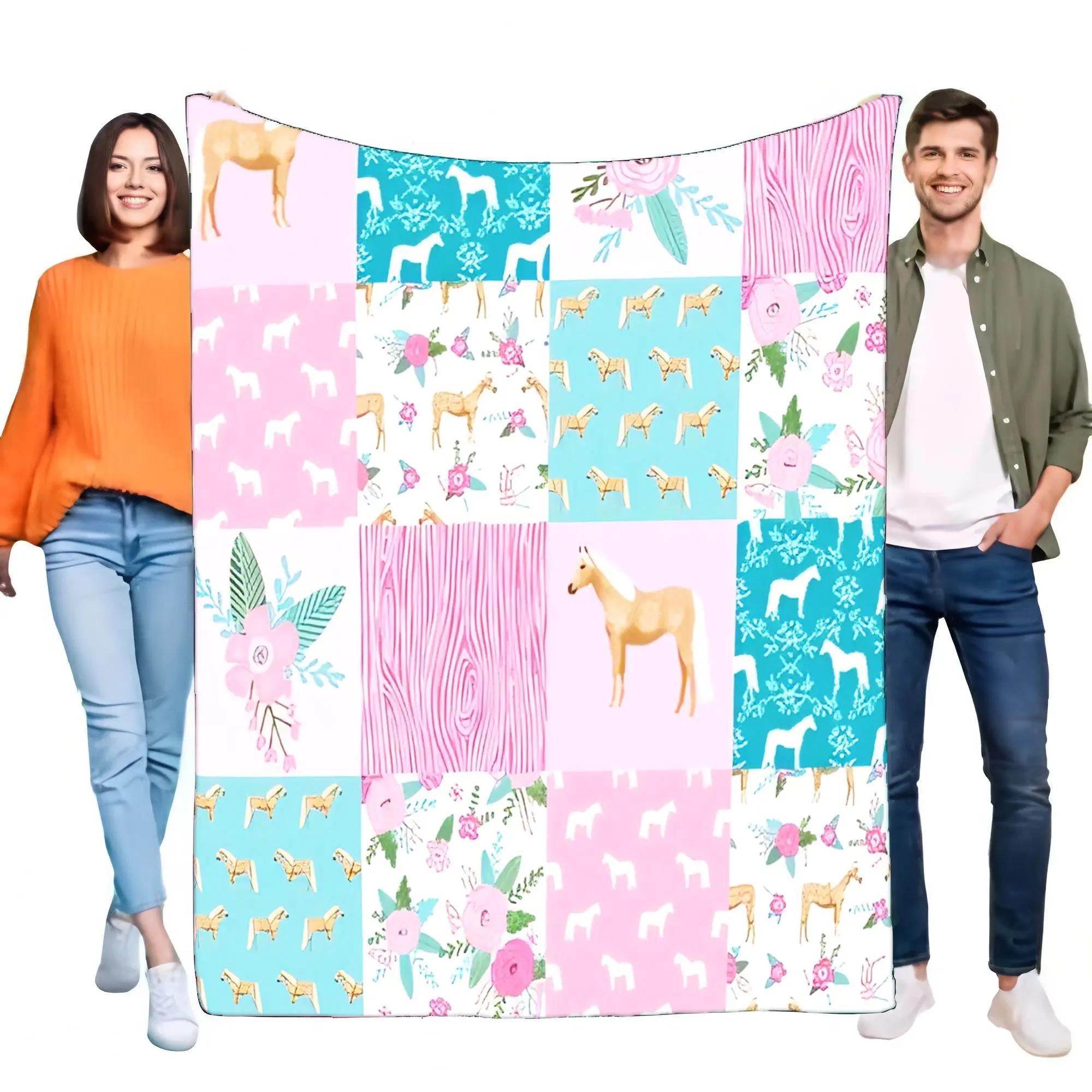 

Cute Pink & Teal Patchwork Horse Blanket for Girls, Ultra Soft Cozy Floral Equestrian Throw for Kids Bedroom Bed Sofa Decor, Bir 75x90cm