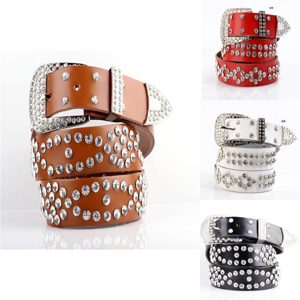 Fashionable Leather Belt For Women With Rhinestone Pattern And Adjustable Pin Closure