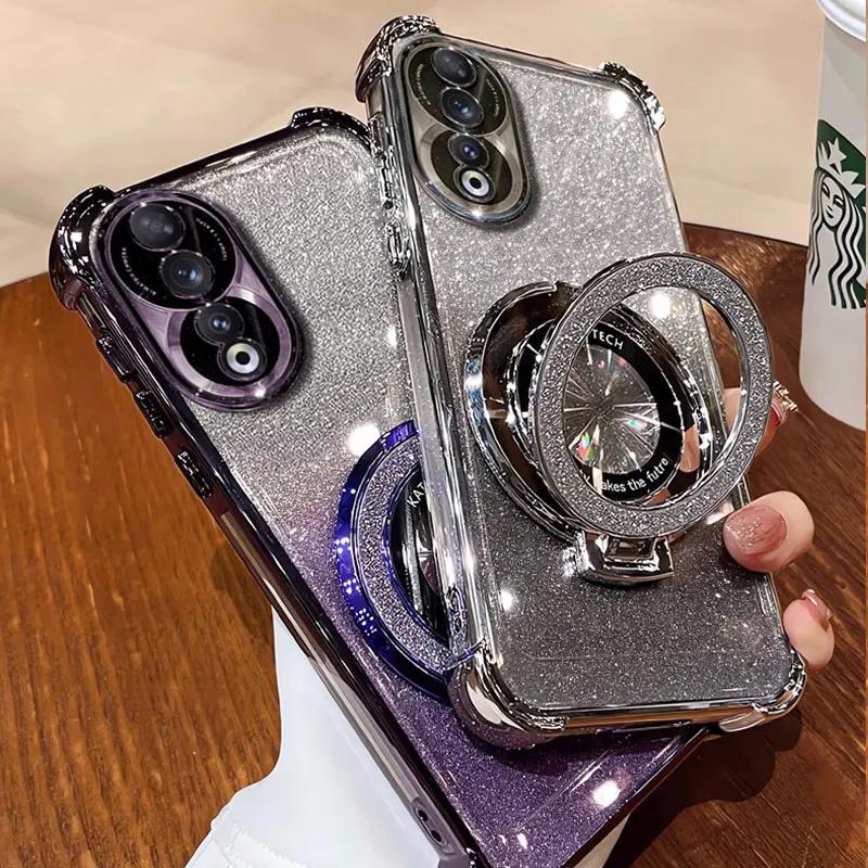 Honor90 5G Case Luxury Magnetic Bracket Shockproof Cover For Huawei Honor 90 70 50 80 100 200 Pro Case with Holder Shiny Glitter