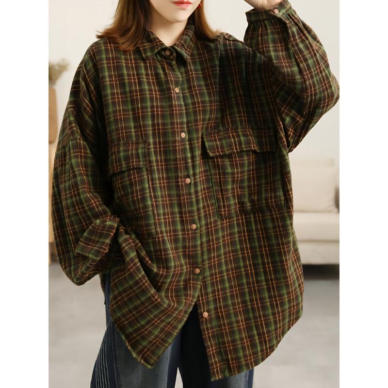 Women's New Spliced   POLO Collar Button Plaid Pocket Fashion Loose and Versatile Casual Long-sleeved Shirt