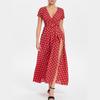 Women Short Sleeve V Neck Swing Dress With Elegant Polka Dot Print And Slit Detail