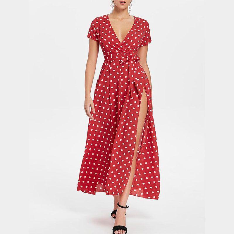 Women Short Sleeve V Neck Swing Dress With Elegant Polka Dot Print And Slit Detail