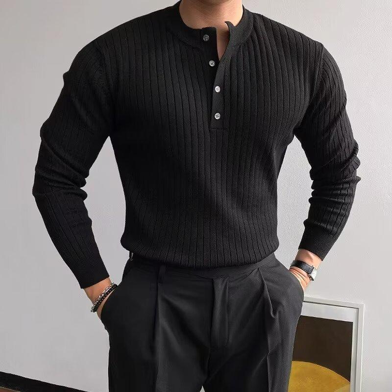 Men s Slim-Fit Henry Collar Knitted Sweater - Spring/Autumn Trendy European & American Style, Versatile Long-Sleeved T-Shirt. Extra Large