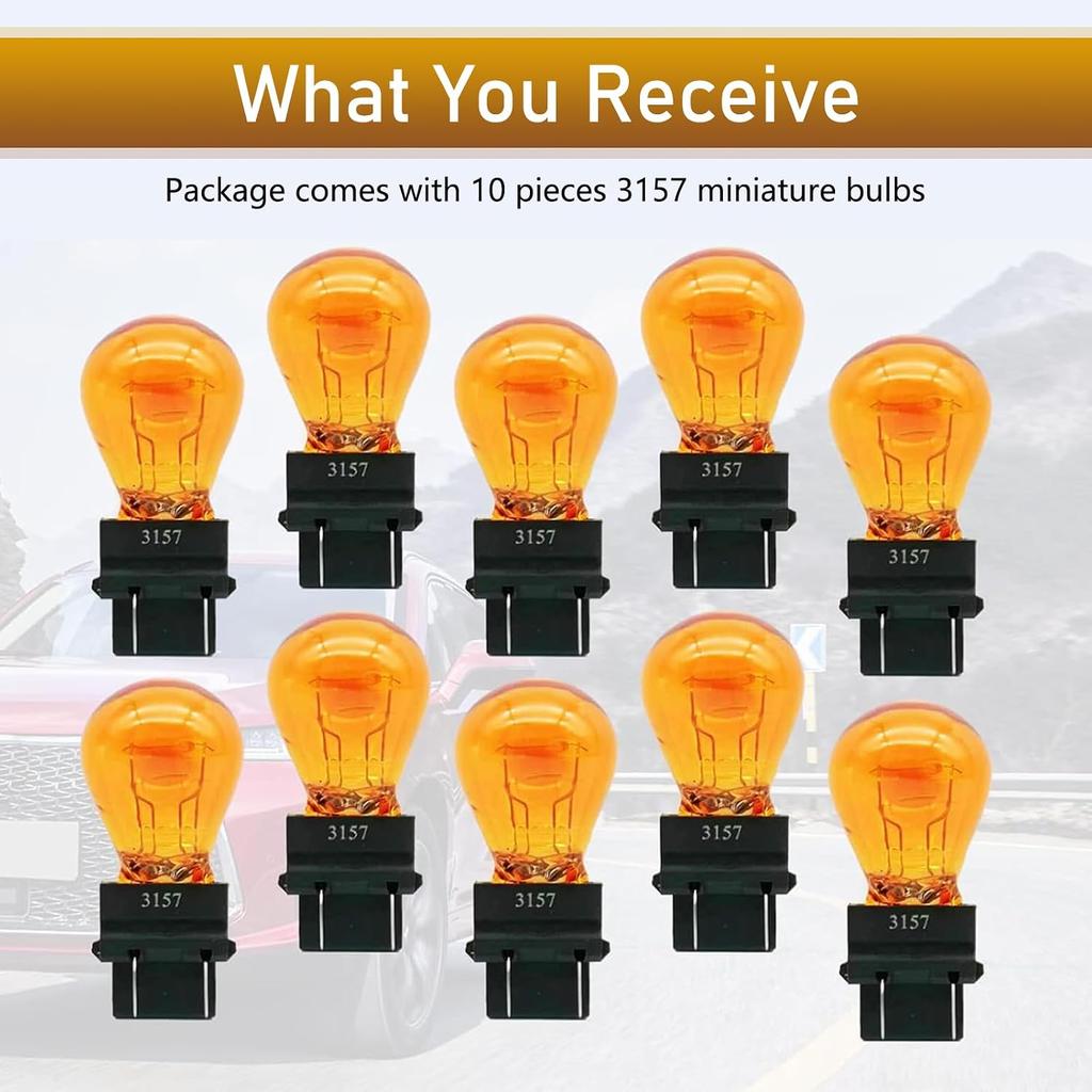Pack-10 Car Brake Light, 3157 Vehicle Turn Signal Bulb, 12V 21/5W Dual Contact Automobile Lighting Accessories, Universal for Most Cars, Trucks and