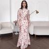 Rochie lungă franceză slim fit cu guler semi-înalt și mâneci evazate, cu imprimeu floral, pentru femei, Toamna 2025