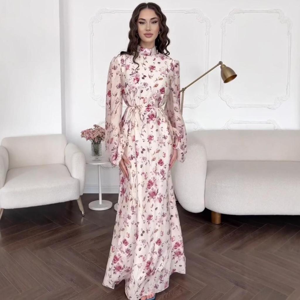 Rochie lungă franceză slim fit cu guler semi-înalt și mâneci evazate, cu imprimeu floral, pentru femei, Toamna 2025
