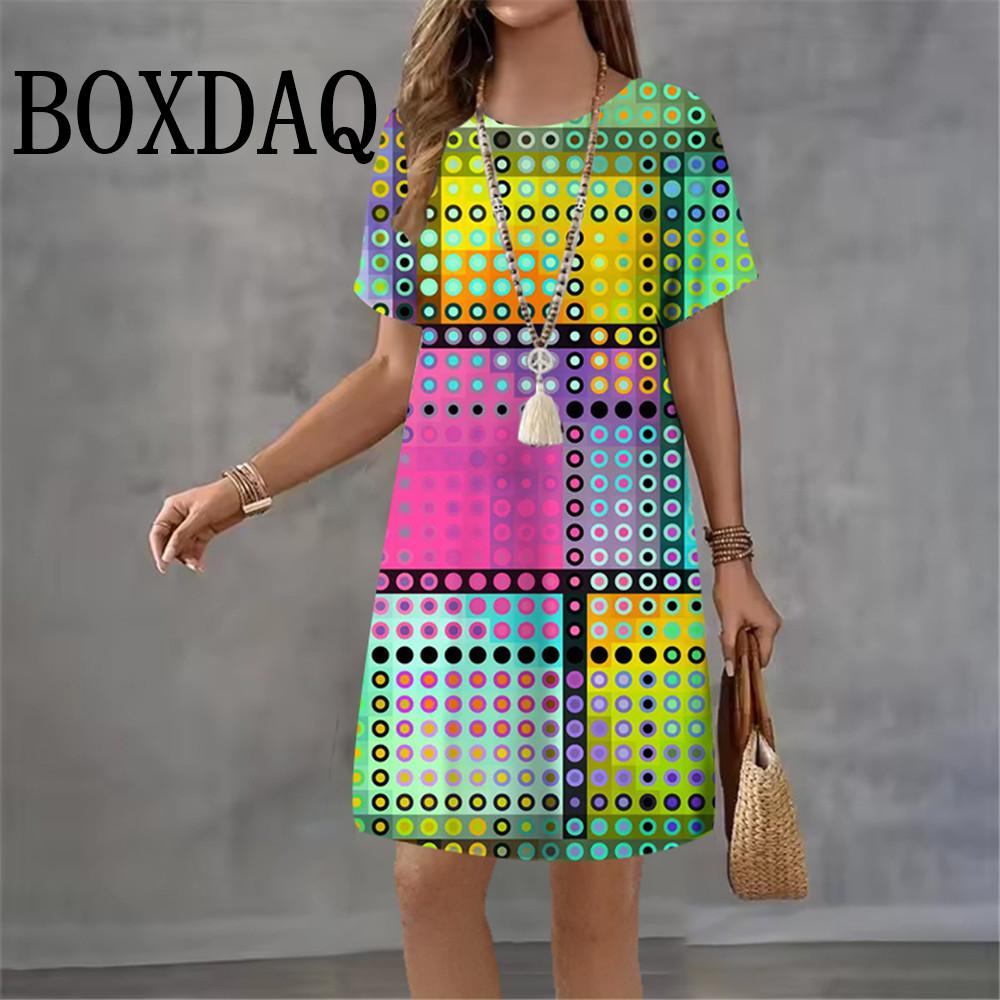 2026 Women Dresses Summer Dot 3D Printed Loose Clothing O-Neck Short Sleeved Clothing Fashionable Tie Dye Geometry Casual Dress