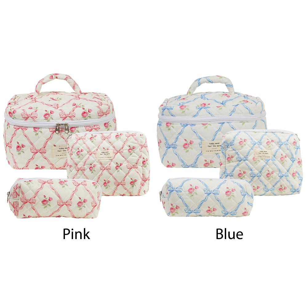 3Pcs Makeup Bag Set Cosmetic Organizer Bag Large Capacity Quilted Cosmetic Holder Bag Aesthetic Cotton for Travel Vacation