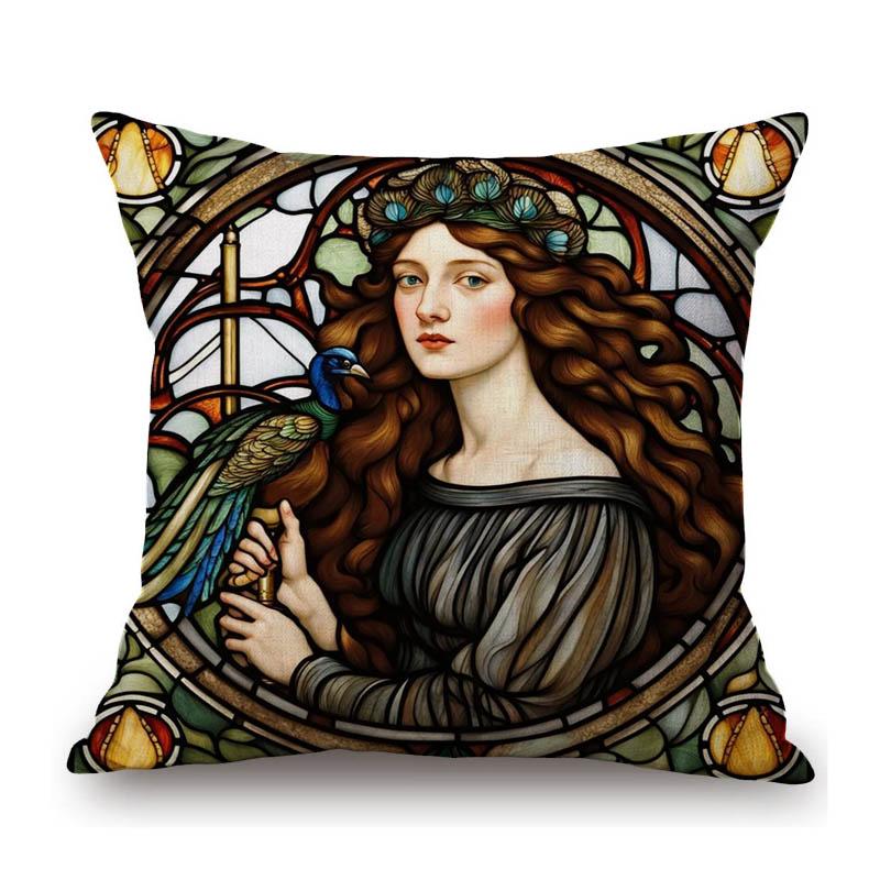 Renaissance Pre-Raphaelitism William Morris Round Stained Glass Window Elegant Lady Girl Decoration Pillow Case Cushion Cover