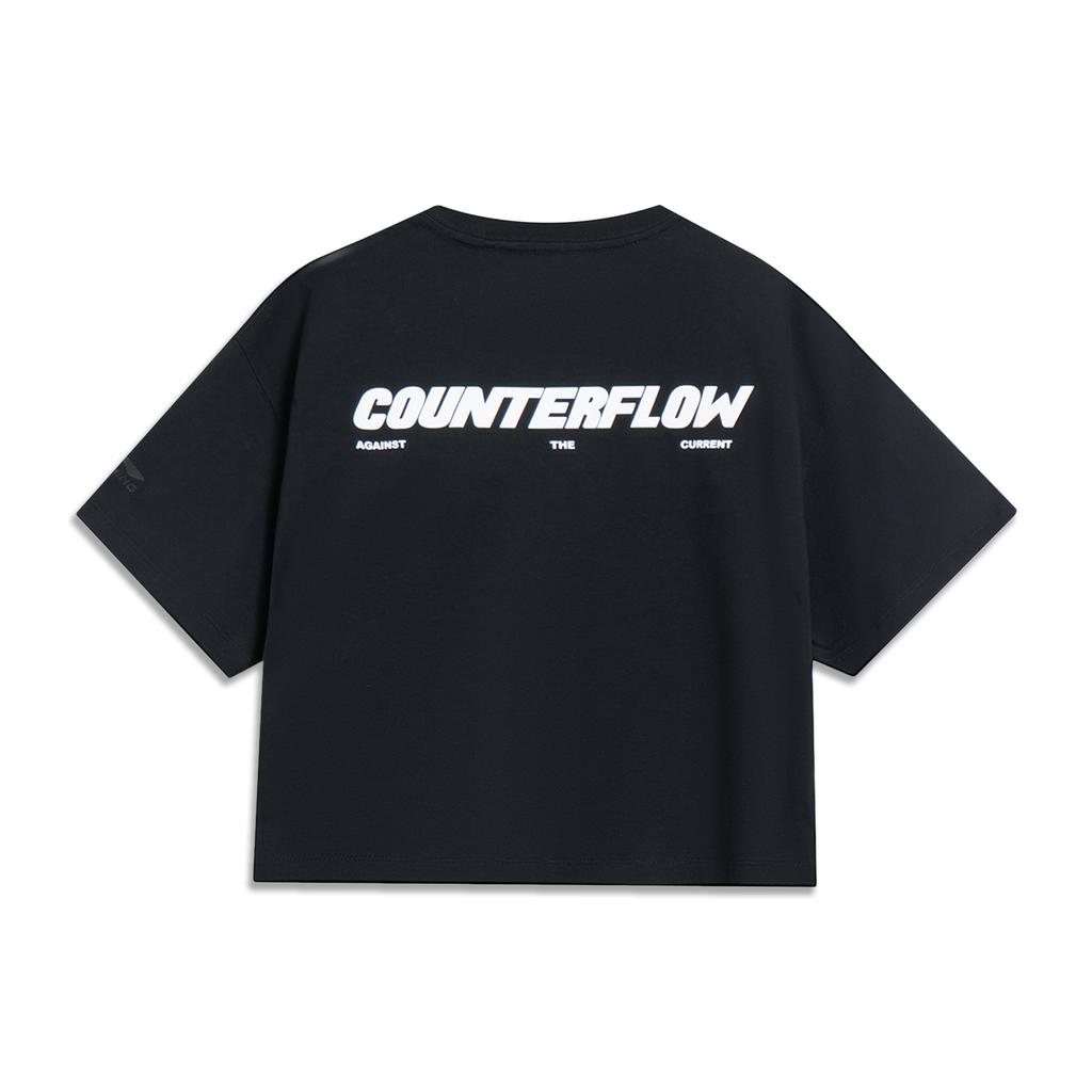 Li Ning CF Su Series Wild Fun Letter Print Loose Short Sleeve T-Shirt Women Tops Black AHST618-2