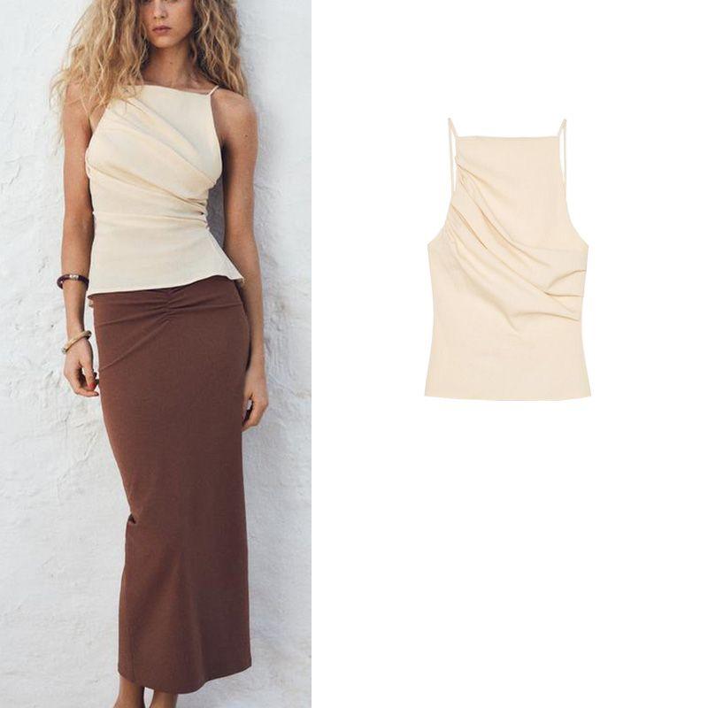 Summer New Product Women's Clothes Vacation Style Pleated Design Fashion Stretch Straight Collar Open Back Tops 5039351