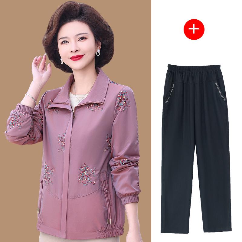 Elegant Embroidered Spring & Autumn Jacket for Moms - Fashionable Casual Trench Coat for Middle-Aged and Elderly Women