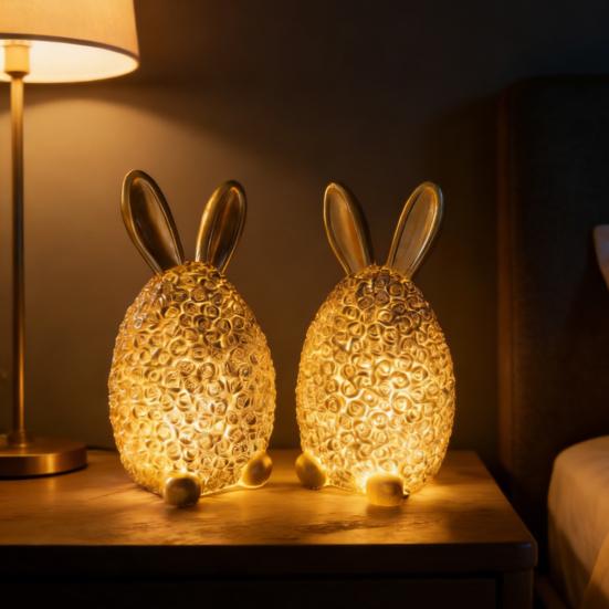 Rose Rabbit Figurine Resin Light-up Rabbit Ornament Easter Bunny Egg Figurine with LED Light for Home Party Decoration Holiday Gift
