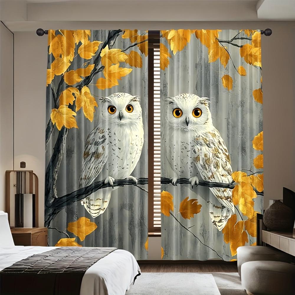 2pcs Boho Bird Print Curtains – Owl & Leaves Design for Festive Room Decor