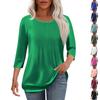 Modisches lässiges Damen-T-Shirt-Oberteil mit Rundhalsausschnitt, Falten und Sieben-Viertel-Ärmeln in Farbe