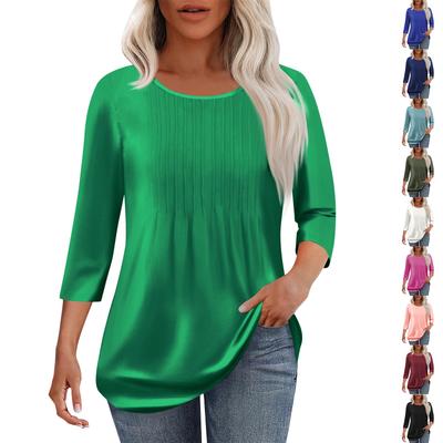 Modisches lässiges Damen-T-Shirt-Oberteil mit Rundhalsausschnitt, Falten und Sieben-Viertel-Ärmeln in Farbe
