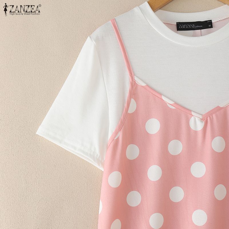 ZANZEA Women Casual Round Neck Short Sleeve Polka Dot Print Patchwork Summer Dress