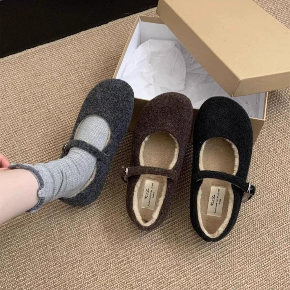 Fashion Buckle Strap Ladies Mary Janes Flats with Fur Shoes Round Toe Female Plush Footwear Women Flats Warm Shoes