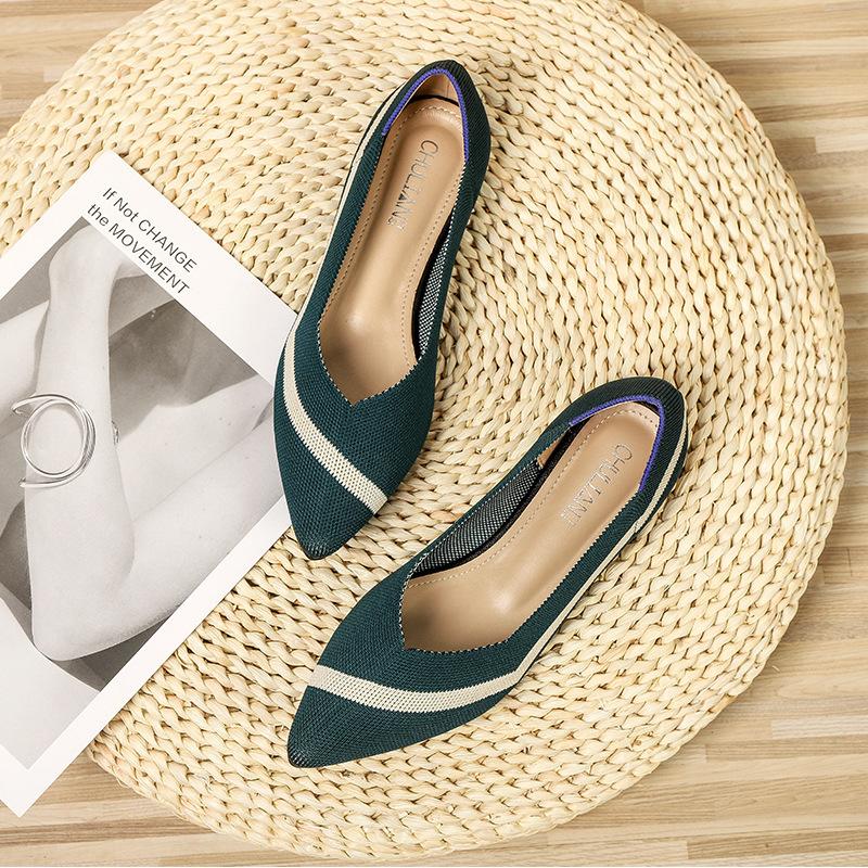 Shoes Pointed Fly-woven Shoes Flat-bottomed Breathable Woven Boat Shoes Leopard Print Light Mouth Stripe Color Single Shoes Women